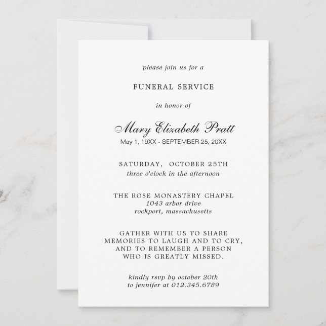 Funeral Service Elegant Black White Invitation (Front)
