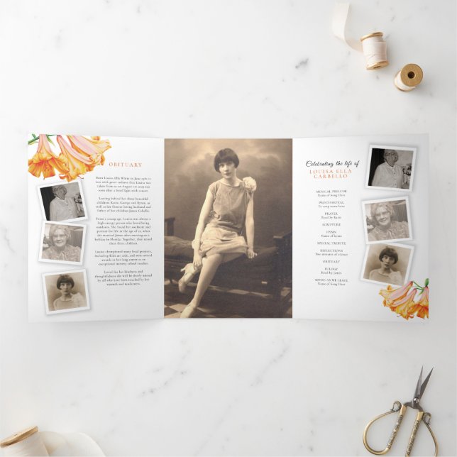 Funeral service program orange lily photo 6pp Tri-Fold programme (Inside)