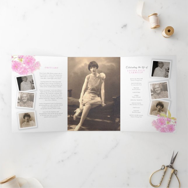 Funeral service program pink blossom photo 6pp Tri-Fold programme (Inside)