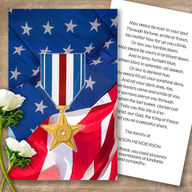 Funeral Silver Star Medal Prayer Sympathy Cards (military sympathy card, military prayer cards, funeral prayer card, death, military funeral cards)