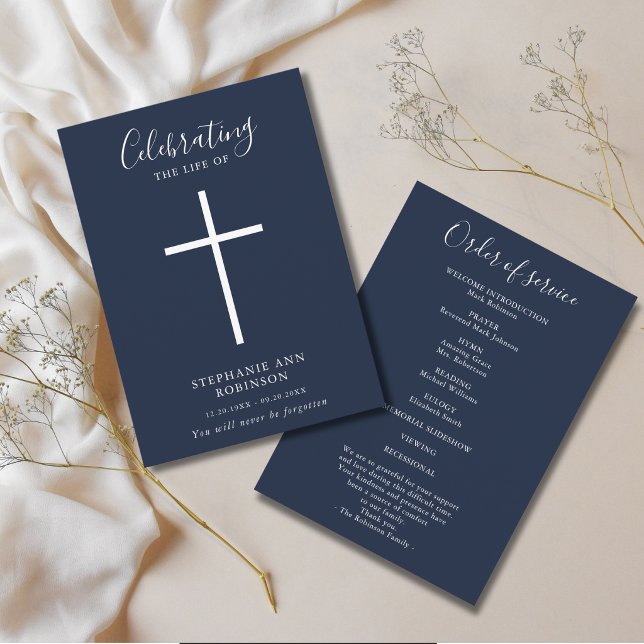Funeral Simple Cross Blue White Order of Service Programme (Creator Uploaded)