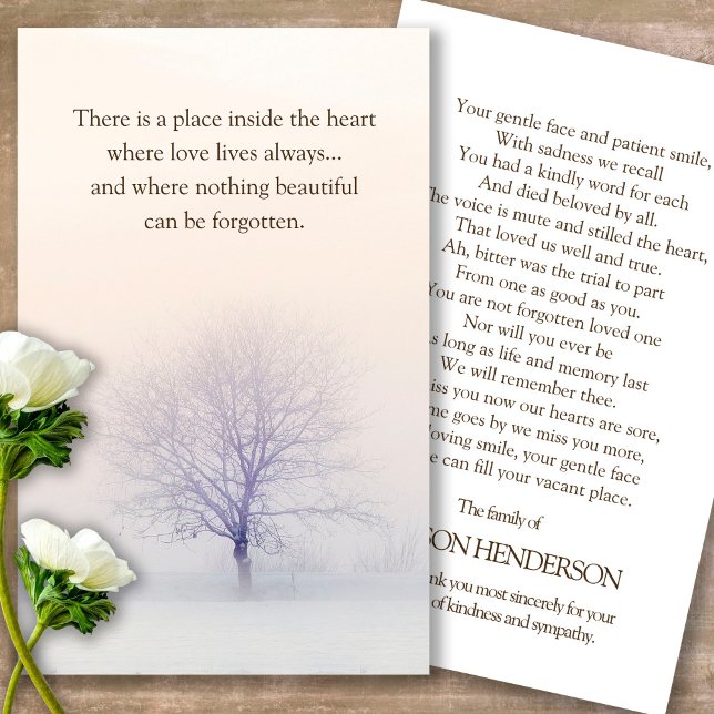 Funeral Snow Tree Memorial Prayer Sympathy Cards (Snow field, prayer cards, celebration of life, in loving memory of, prayer cards for bereavement)