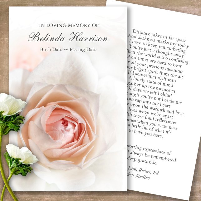 Funeral Soft Pink Rose Prayer Sympathy Cards (Forever in our hearts, celebration of life, in loving memory of, prayer cards for bereavement)