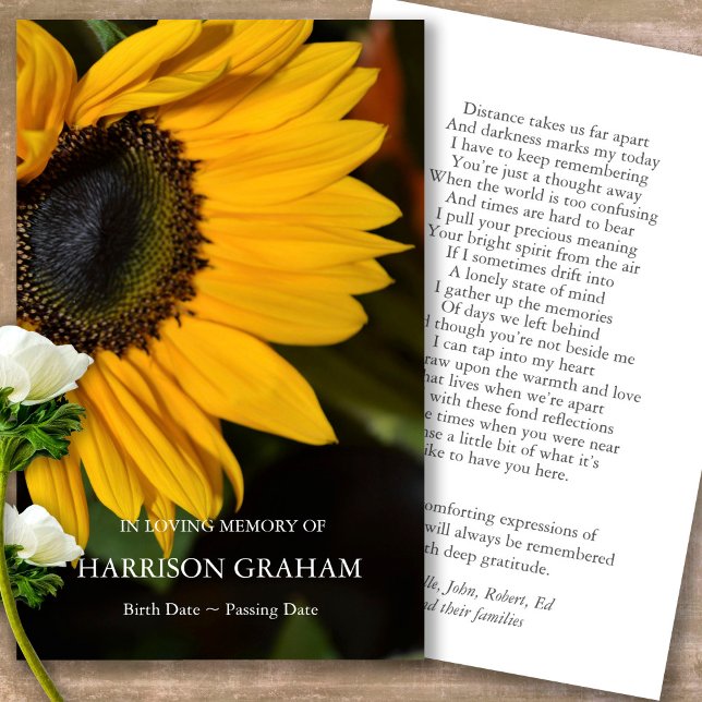 Funeral Sunflower Memorial Prayer Sympathy Cards (Forever in our hearts, celebration of life, in loving memory of, prayer cards for bereavement)