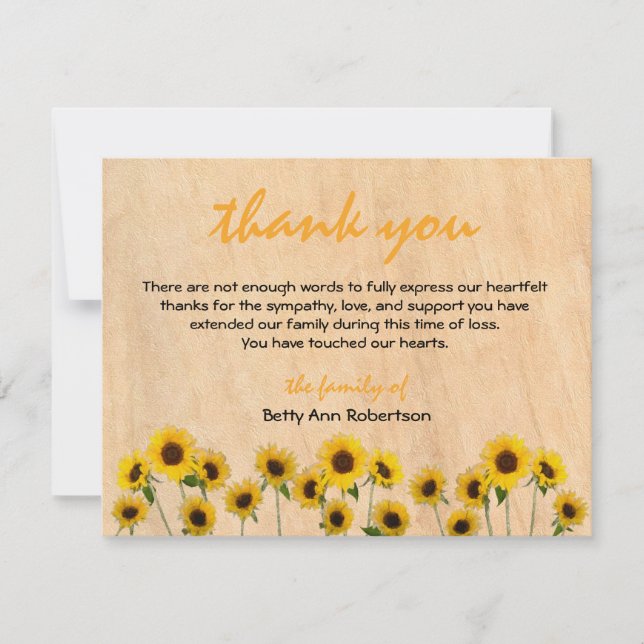 Funeral Sympathy Thank You Simple Sunflowers  Card (Front)
