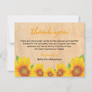 Funeral Sympathy Thank You Sunflower Rustic Themed Card