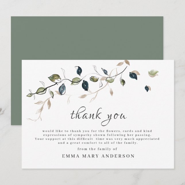 Funeral Thank You Botanical Elegant Card (Front/Back)