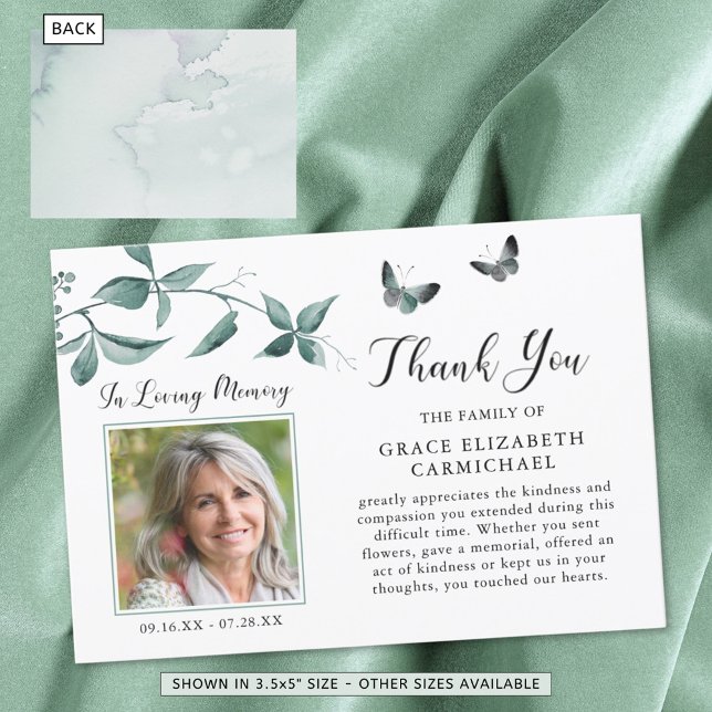 Funeral Thank You Butterfly Botanical Green Photo Card (Creator Uploaded)