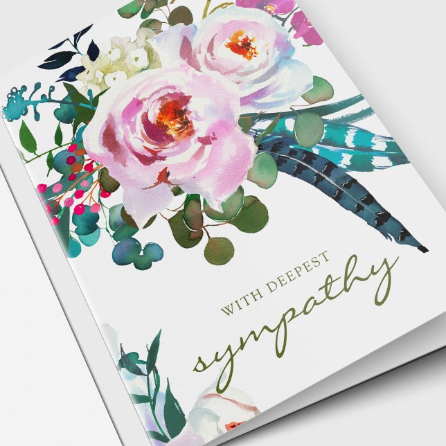 Funeral Thank You Cards | Boho Peony (Pink Watercolor Peony with feathers and eucalyptus greenery funeral thank you card)