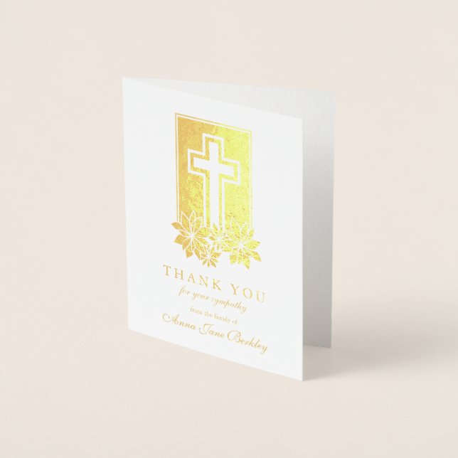 Funeral Thank You Cards Floral Cross 1 Gold Foil (Front)