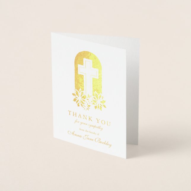 Funeral Thank You Cards Floral Cross Gold Foil (Front)