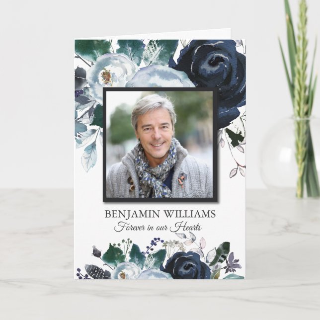 Funeral Thank You Cards | Navy Peony with Photo (Front)