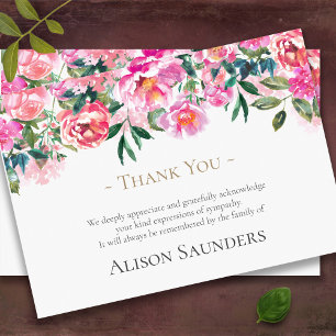 Funeral Thank You Cards   Watercolor Pink Peonies