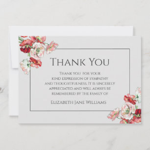 Funeral Thank You Note Card   Poppies on Grey
