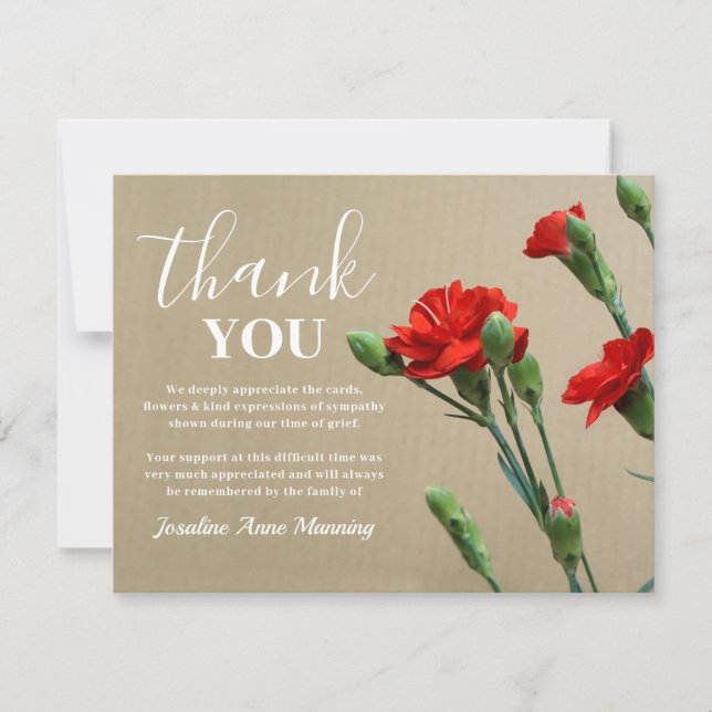 Funeral Thank You Note | Red Carnations (Front)