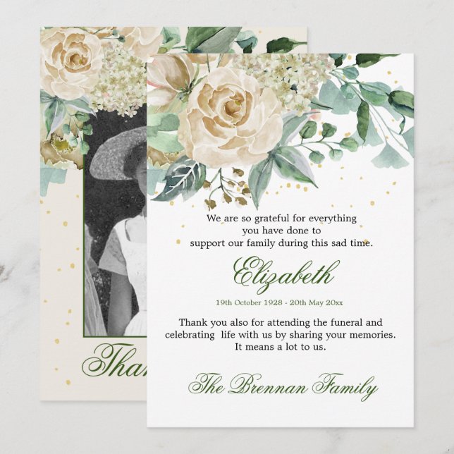 Funeral Thank You Photo Elegant Rose Foliage Invitation (Front/Back)