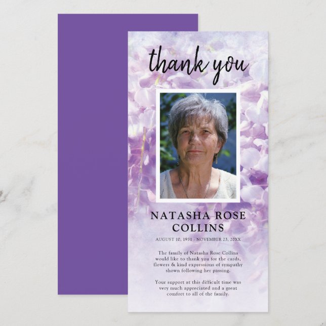 Funeral Thank You | Purple Floral Photo Card (Front/Back)