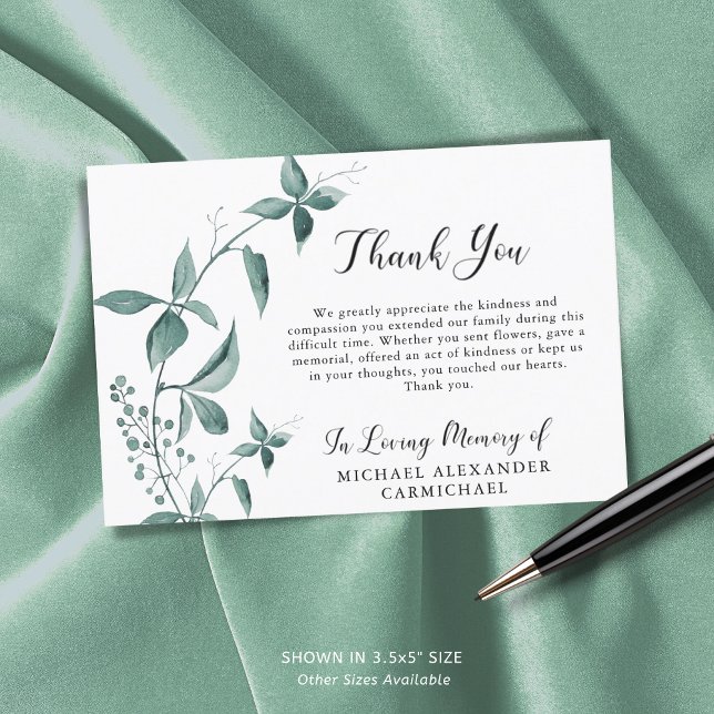 Funeral Thank You Watercolor Botanical Green Card (Creator Uploaded)