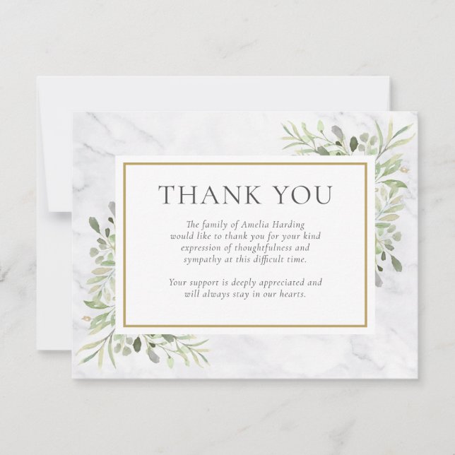 Funeral Thank You Watercolor Greenery Marble Card (Front)