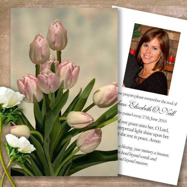 Funeral Tulips Memorial Prayer Sympathy Cards (Forever in our hearts, celebration of life, in loving memory of, prayer cards for bereavement)
