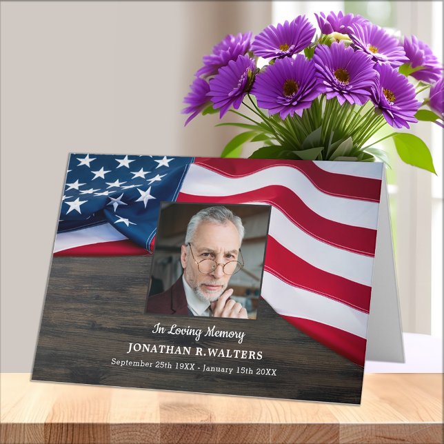 Funeral USA Flag Veteran Photo Memorial Sympathy Thank You Card (Creator Uploaded)