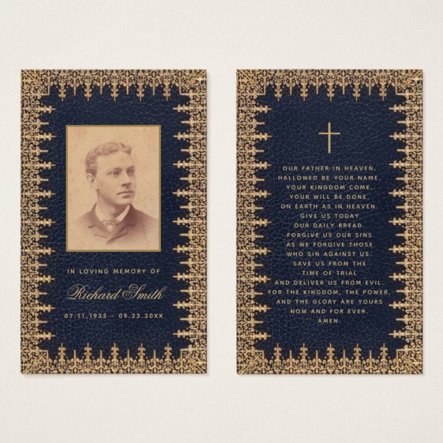 Funeral Vintage Gold Blue Memorial Prayer Card (Front & Back)