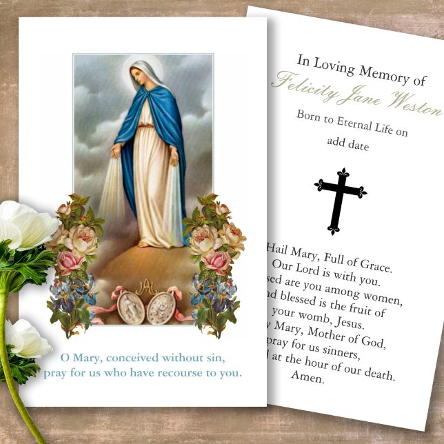 Funeral Virgin Mary Medal Prayer Sympathy Cards (catholic, religious, celebration of life, in loving memory of, prayer cards for bereavement)