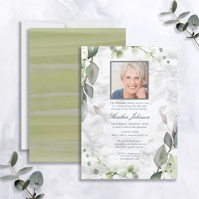 Funeral Watercolor Botanical Greenery Marble Photo Invitation (Creator Uploaded)