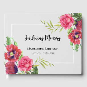 Funeral Watercolor Red and Pink Flowers Grey Guest Book