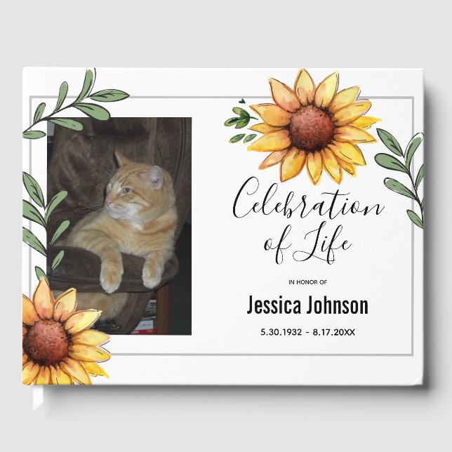 Funeral Watercolor Sunflowers Celebration of Life Guest Book (Front)