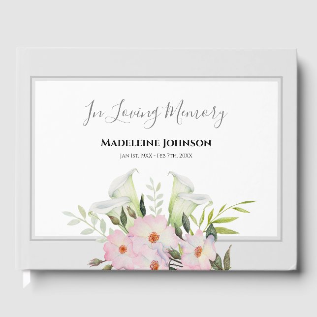 Funeral Watercolor White Calla Lily Roses Flowers Guest Book (Front)