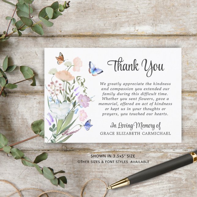 Funeral Watercolor Wildflowers Butterfly Thank You Card (Creator Uploaded)