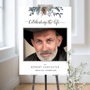 Funeral Welcome Photo Blue Rustic Foliage Sign