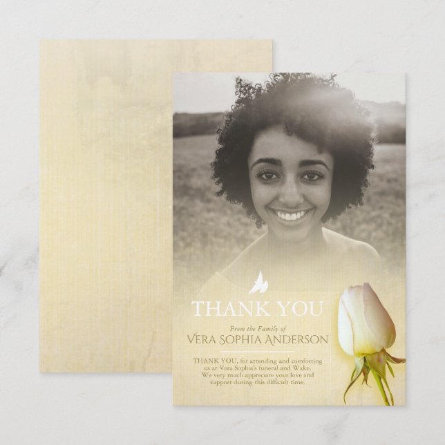 Funeral white rose photo family thank you card (Front/Back)