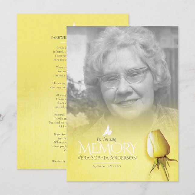 Funeral yellow rose photo remembrance poem (Front/Back)