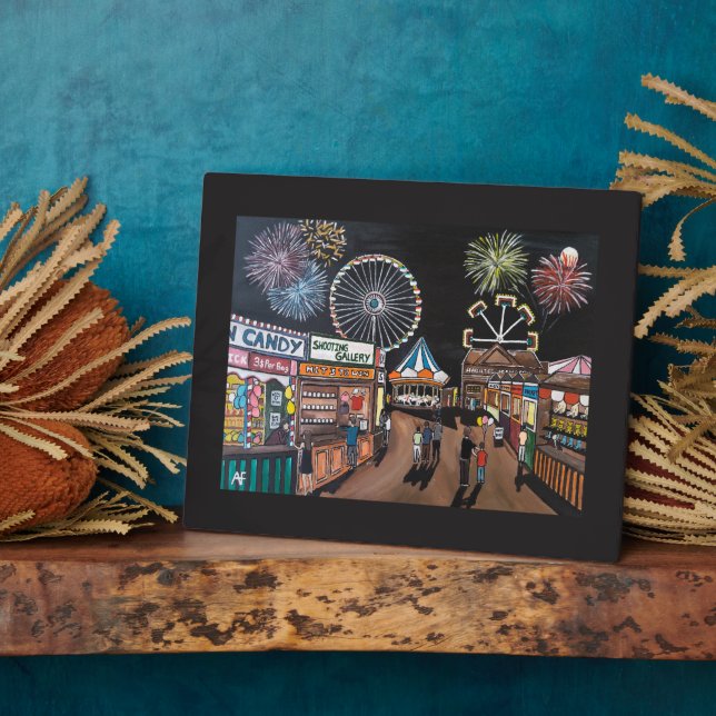 Funfair at Night Painting by Alfred Fox Plaque (Side)