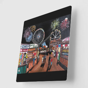 Funfair at Night Painting by Alfred Fox Square Wall Clock