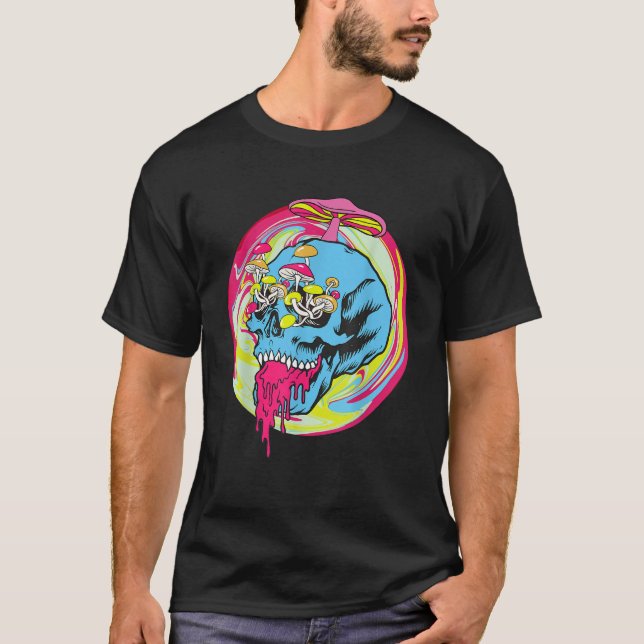 Fungus Magic Psilocybin Mushrooms Tie Dye Skull T-Shirt (Front)
