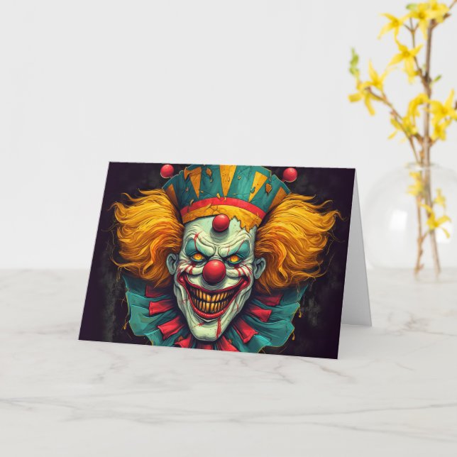 Funhouse Circus Sideshow Clown Happy Halloween Card (Yellow Flower)