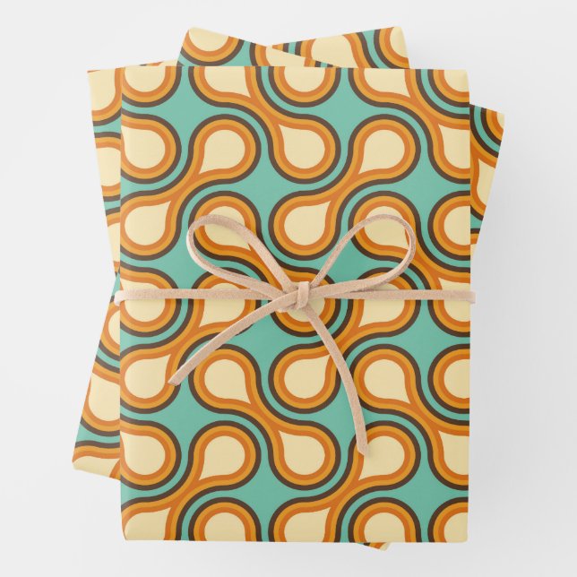 Funky 1970s Metaball Graphic Circle Barbell Orange Wrapping Paper Sheet (In situ)