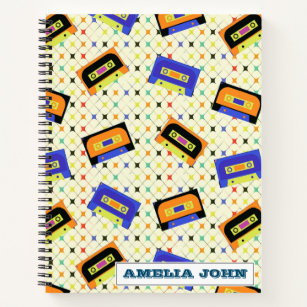 Funky 1990s Retro Cassette Pattern Name Notebook