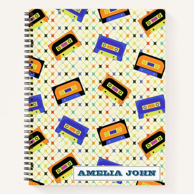 Funky 1990s Retro Cassette Pattern Name Notebook (Front)