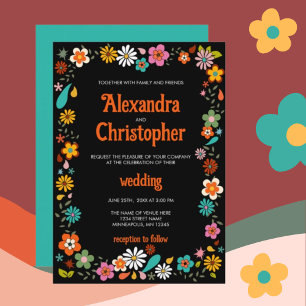 Funky 70's inspired Black backdrop Wedding  Invitation