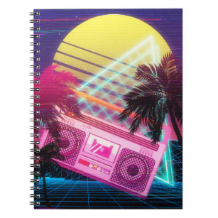 Funky 80s pink boombox with palm trees notebook