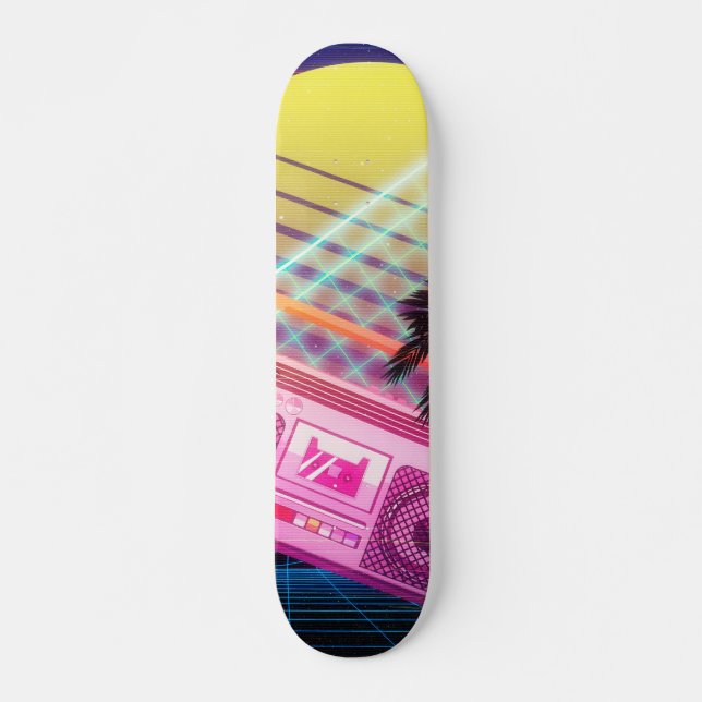 Funky 80s pink boombox with palm trees skateboard (Front)