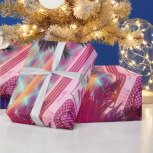 Funky 80s pink boombox with palm trees wrapping paper