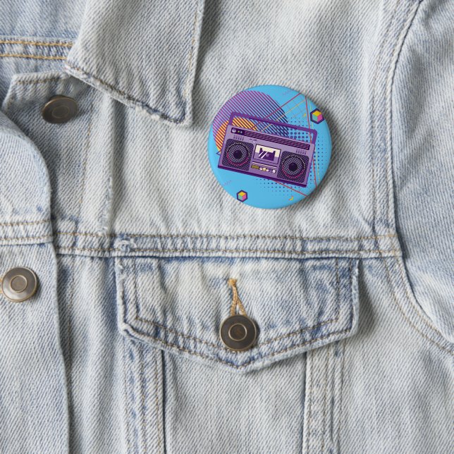 Funky 80s portable radio cassette player, boombox 6 cm round badge (In Situ)