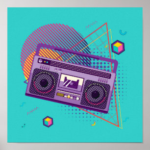 Funky 80s portable radio cassette player, boombox poster