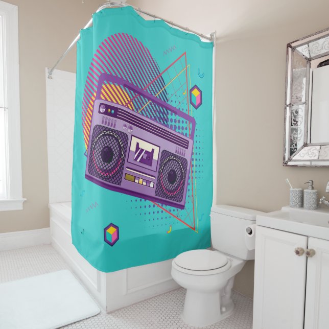 Funky 80s portable radio cassette player, boombox shower curtain (In Situ)