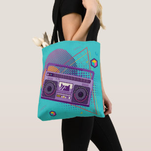 Funky 80s portable radio cassette player, boombox tote bag